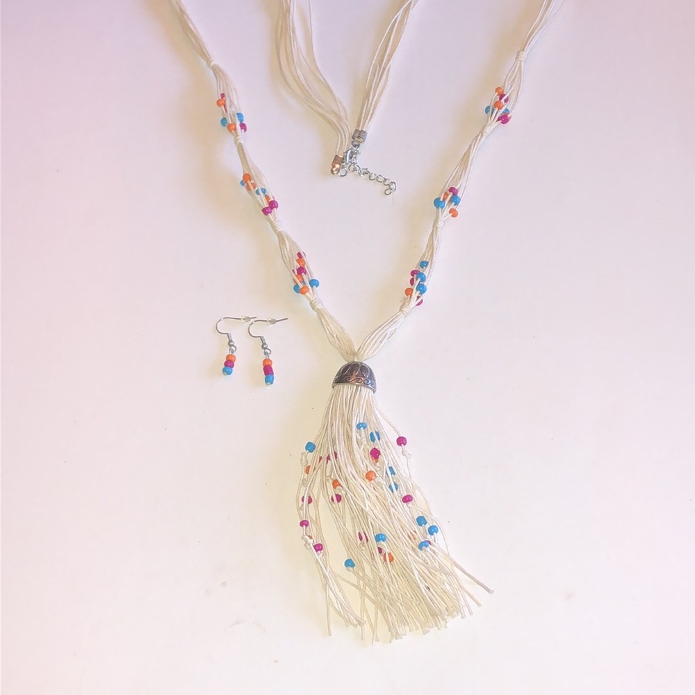 Multistrand Cream Tassel Necklace with Colorful Bead Accents